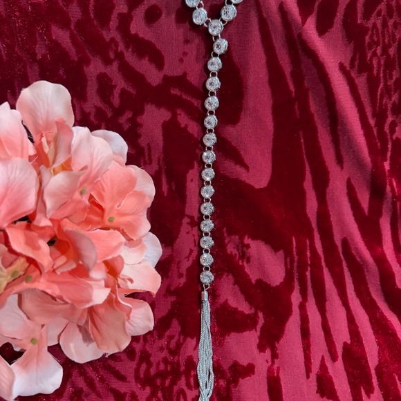 Silver Tone Clear Rhinestone Pendant Necklace with Tassle - Picture 14 of 16